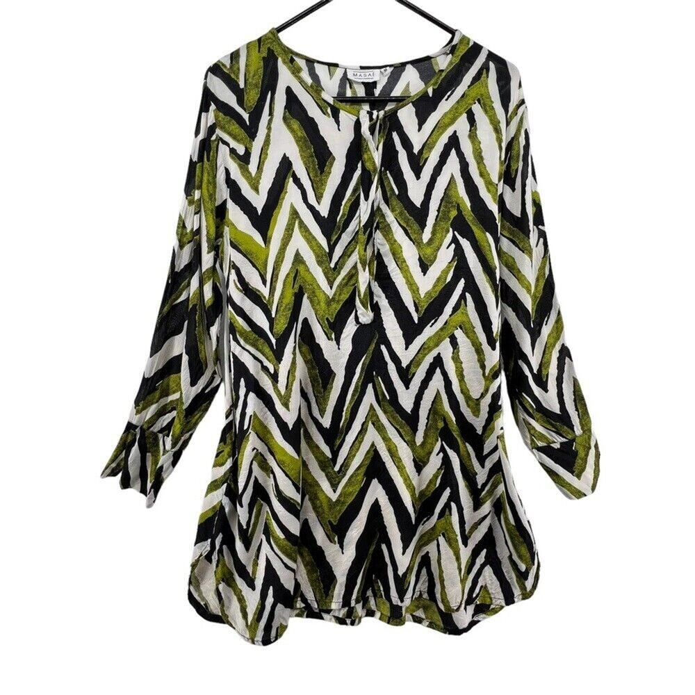 Masai Size Medium Tunic Blouse Hidden Buttons Green White Black Pockets Viscose